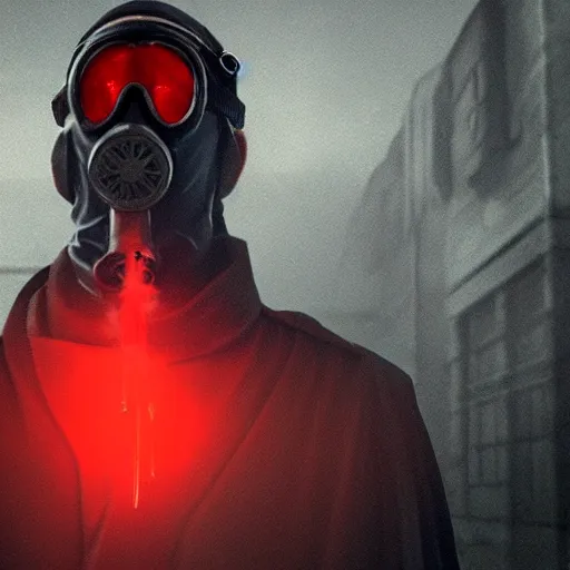 Image similar to hooden villain wearing a gas mask with red goggles, smoke coming out of his cloak, dark background, unreal engine 5, ultra realistic, detailed, fog, by greg rutkowski