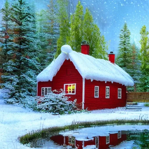 Prompt: a swedish red cottage next to a pond in a forest, there is a bridge going over the pond, it is winter, in the style of thomas kinkade