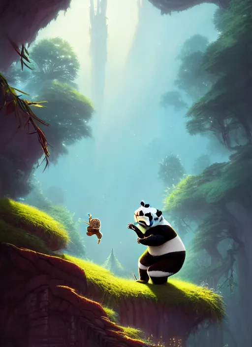 Image similar to Highly detailed Kung Fu Panda, Stephen Bliss, unreal engine, fantasy art by Greg Rutkowski, Loish, Rhads, ferdinand knab, Makoto Shinkai and Lois van baarle, ilya kuvshinov, rossdraws, Tom Bagshaw, global illumination, radiant light, detailed and intricate environment