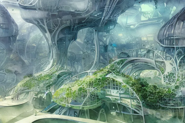 Image similar to watercolor artwork of futuristic underwater eco friendly city : : green, art nouveau, trending on artstation