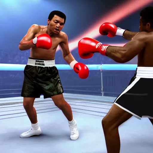 Prompt: mohammed ali fighting joe frasier in heaven 8 k super realistic detail digital painting, unreal engine, 3 d render