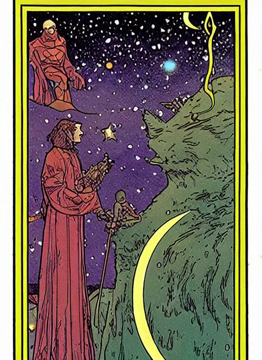 Image similar to the stars, tarot card by moebius