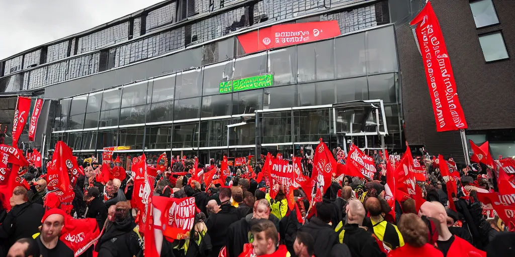 Image similar to # glazersout protests outside old trafford theatre of dreams against the glazers, # glazersout, chaos, protest, banners, placards, burning, pure evil, 8 k, wide angle lens, 1 6 - 3 5 mm, symmetry, cinematic lighting