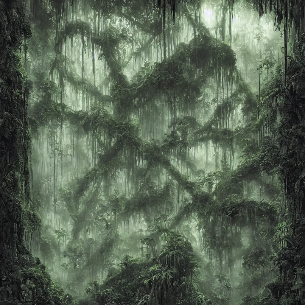 Prompt: a dark enchanted rainforest jungle at night, upward cinematic angle, thick mist, by rodney matthews, michael kaluta, bernie wrightston, and stephen gammell, ghostly low light, stunning composition, intricate, elegant, digital art, hyperdetailed, full color mixed media painting, hyperrealistic, sharp focus, 8k