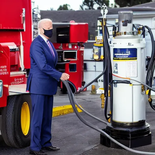 Image similar to gasoline being pumped into joe biden like a car