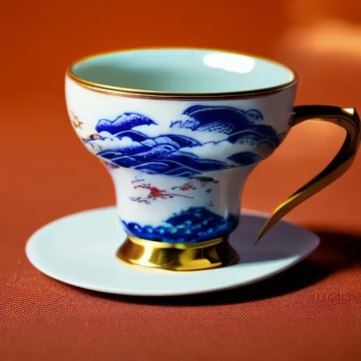 Image similar to astonishing japanese tea cup with amazing artwork on the side, product shoot, studio lighting