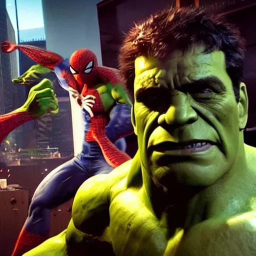 Prompt: the hulk fighting against spider-man in a bar, photorealistic, high detail, cinematic