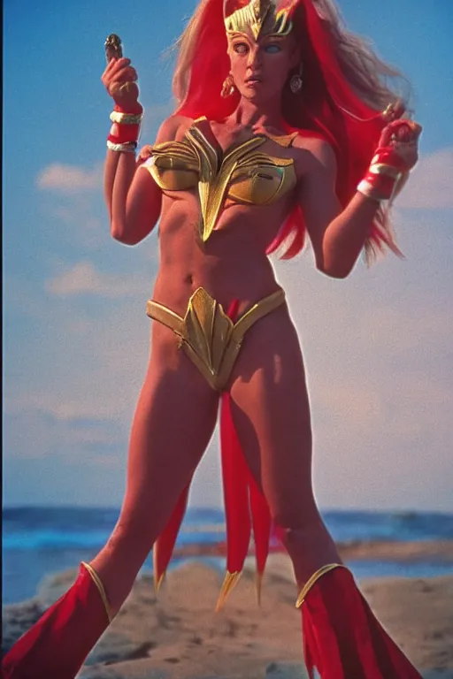 Image similar to she - ra, centerfold, full body, symmetrical features, color photo, 1 9 8 5 photograph, kodachrome, aged paper, sergio leone, master prime lenses, cinematic