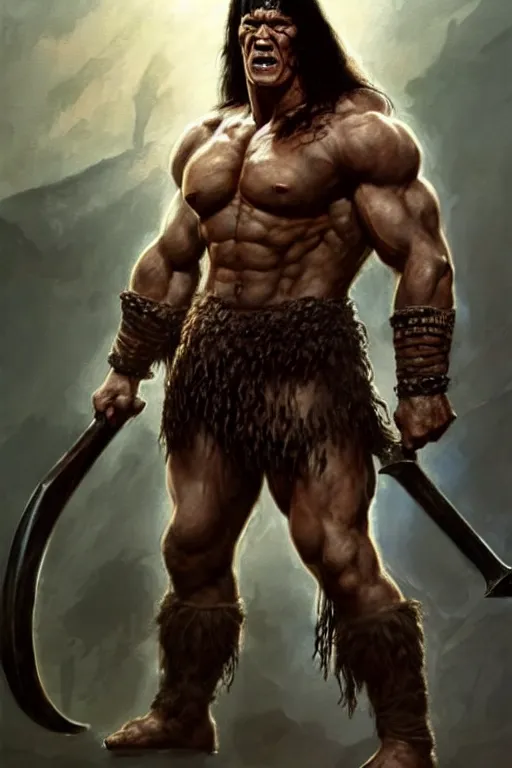 Image similar to full body portrait of [ [ [ john cena ] ] ] as conan the barbarian, art by frank frazetta, greg rutkowski and peter mohrbacher, dramatic action pose, extremely detailed shading, sharply focused, concept art, digital painting, trending on artstation, unreal engine 5, octane render, atmosphere, glow, cinematic lighting, full of color