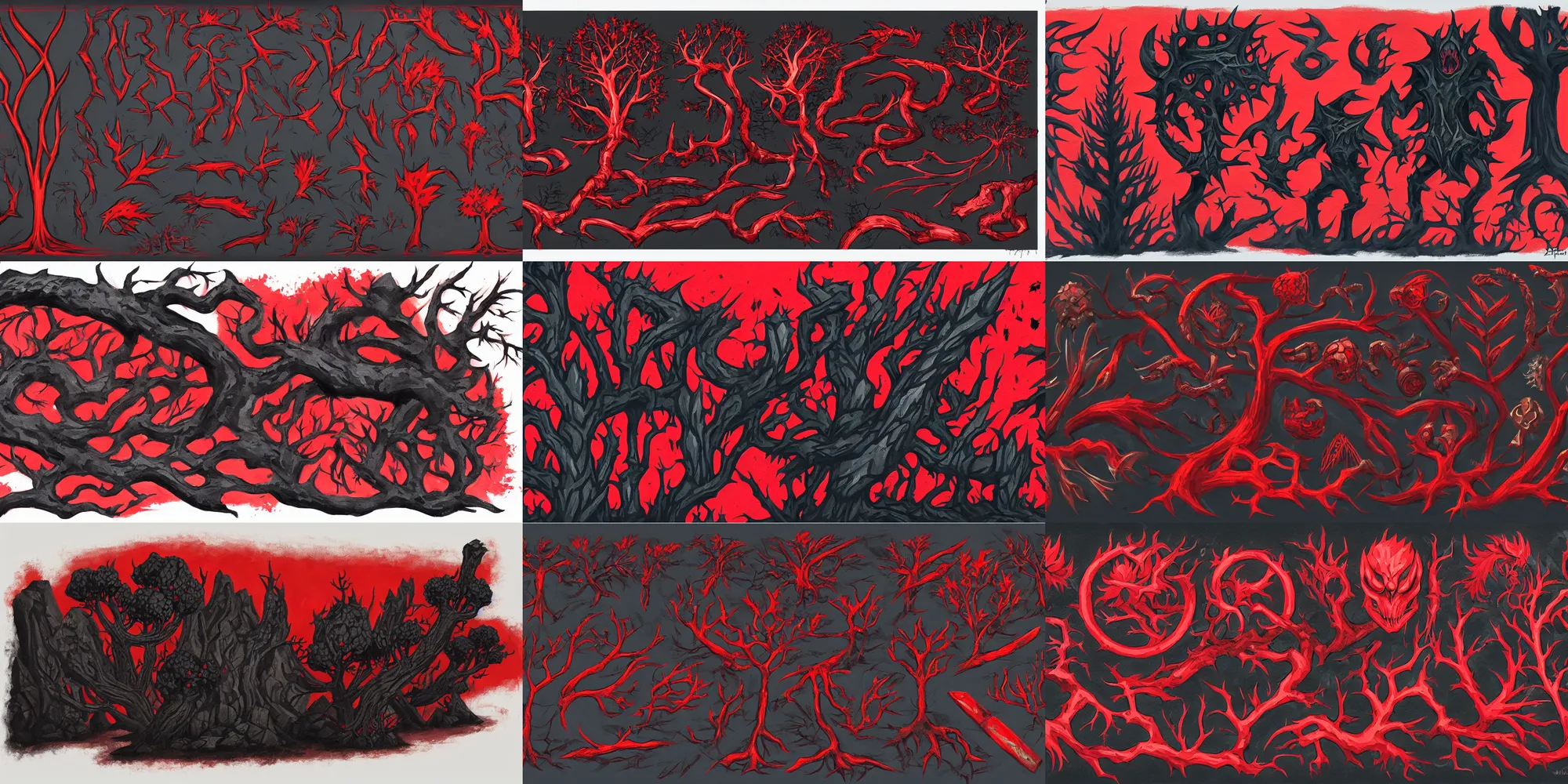 Prompt: game asset of plant and tree, props, in gouache detailed paintings, black and red color scheme, fantasy, dnd, evil