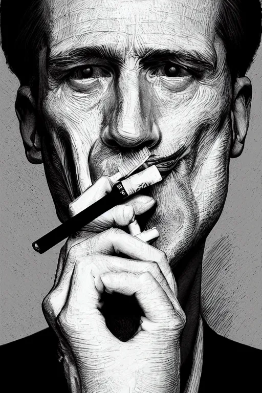 Image similar to hyperdetailed portrait of a man smoking a cigarette, by nicholas delort, artstation, smooth, graphic black and white. intricate, elegant, central composition, golden ratio,