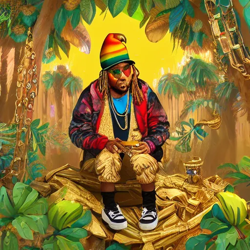 Image similar to parrots dressed in golden rings, necklaces and with caps on head, rapping and sitting on golden trees, rap scene, jungle concept art, trending on artstation, highly detailed, digital art, 8 k