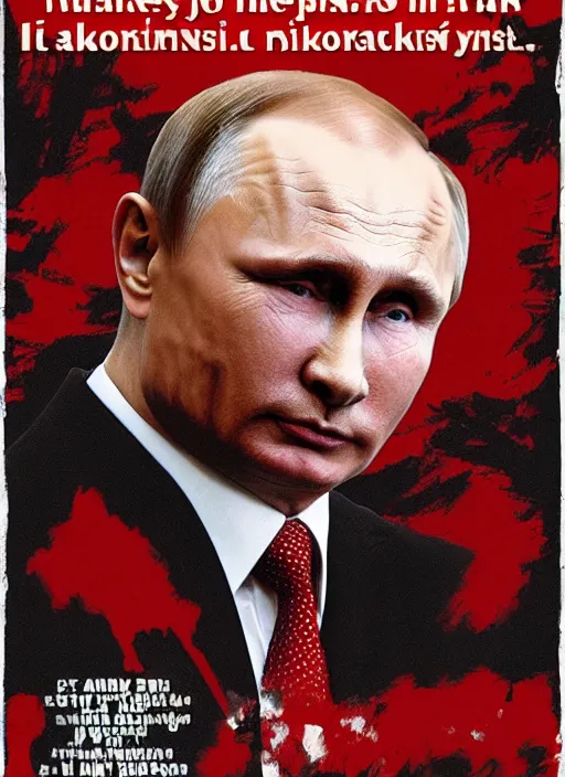 Image similar to putin is a blood dictator, movie poster in the style of drew struzan