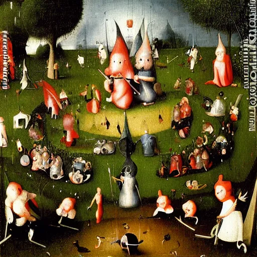 Prompt: Garden of Gnomes' Delights, detailed oil painting by hieronymus bosch