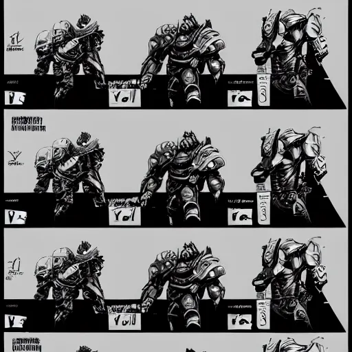 Image similar to character sheet of Ludens from Kojima Productions by Yoji Shinkawa with Artgem and Glenn Fabry, trending on Artstation concept arts