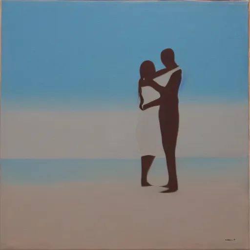 Prompt: silhouette of a couple hugging on a beach, blue tint, expressi onist, oil on canvas