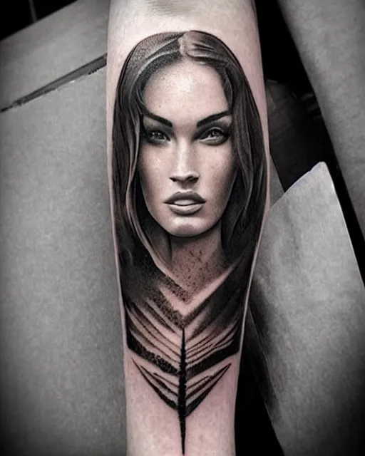 Image similar to creative double exposure effect tattoo design sketch of megan fox with beautiful mountains, realism tattoo, in the style of andrey lukovnikov, amazing detail, sharp