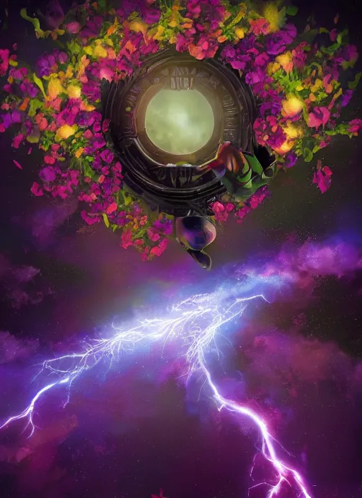 Image similar to An epic fantastic realism comic book style painting of the most beautiful entwined flowers launched across the dark cosmic sky, floating bouquets, fisheye, lightning creating life, unreal 5, DAZ, hyperrealistic, octane render, dynamic lighting