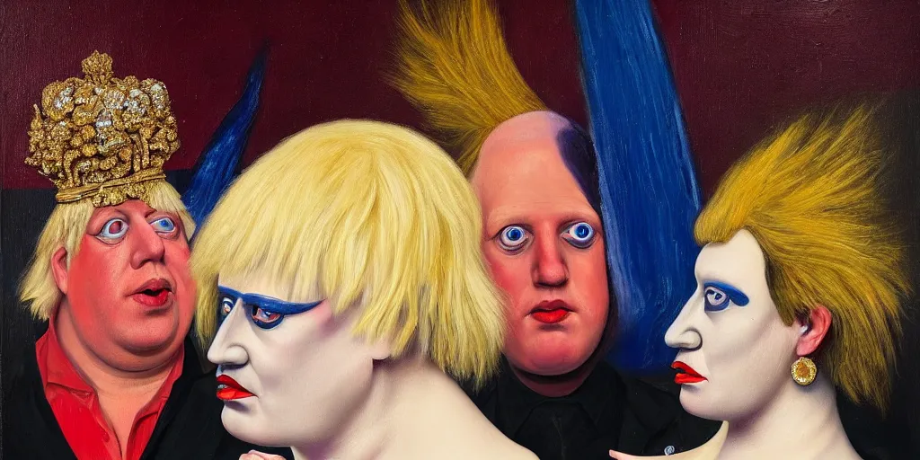 Image similar to boris johnson in drag in a nightclub, abstract oil painting by gottfried helnwein pablo amaringo raqib shaw zeiss lens sharp focus high contrast chiaroscuro gold complex intricate bejeweled