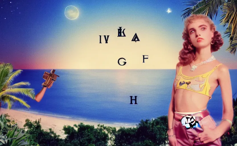 Image similar to 1 9 8 6 vintage movie screencap of a girl with a gun on a mediterranean mansion, gucci clothes, night sky, beach and tropical vegetation on the background major arcana sky and occult symbols, extremely ultra high quality photo 8 k