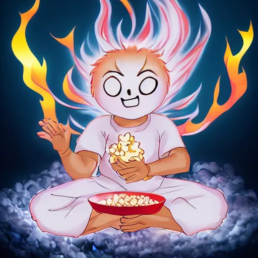 Prompt: fluffy exploding popcorn elemental spirit, in the style of a manga character, with a smiling face and flames for hair, sitting on a lotus flower, white background, simple, clean composition, symmetrical