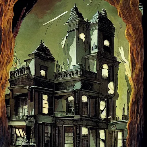 Prompt: A beautiful experimental art. It was a mansion of ghosts and monsters, with ghouls in the shadows and demons scuttling behind the wainscotting. by Joe Shuster, by Jim Burns elaborate