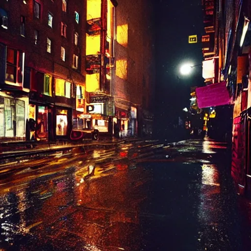 Prompt: night flash portrait photography of eliot offen on the lower east side by annie leibovitz, colorful!!, nighttime!, raining!