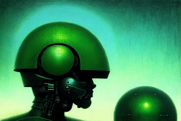 Prompt: futuristic helmet of a future soldier, in the style of beksinski, solarpunk, atmospheric, clean, intricate and epic composition, green by caravaggio, insanely quality, highly detailed, masterpiece, blue light, artstation, 4 k