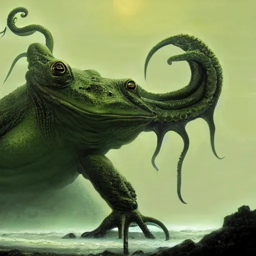 Prompt: cthulhu frog emerging from the ocean, full body shot, matte painting, glorious, unsettling, misty, by lovecraft and greg rutkowski, luis royo and wayne barlowe, artstation