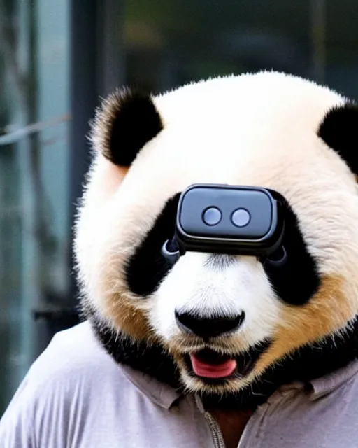 Image similar to a panda wearing a VR headset on his head over his eyes. VR.