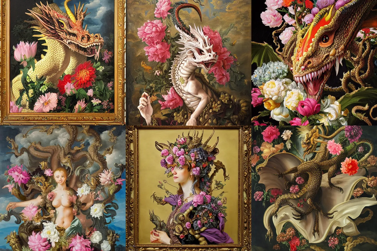 Prompt: Baroque portrait of a dragon surrounded by flowers. Highly detailed, anatomically correct, dramatic lighting, oil paint on canvas