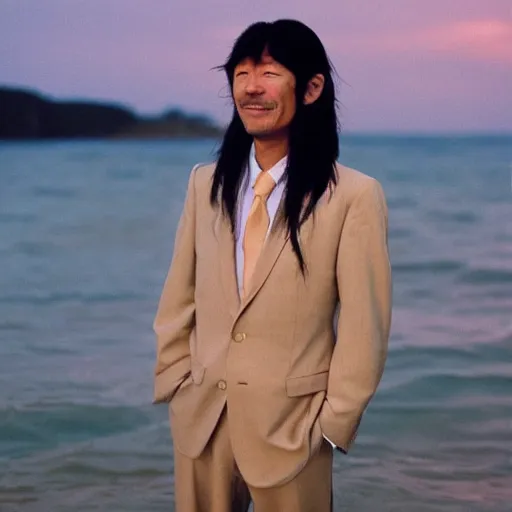 Image similar to japanese man with long hair wearing a beige suit and black pants standing in the ocean, facing the camera, sunset, night, wide shot, ((tatsuro yamashita)), album cover, 1980s japan, grammy award winning