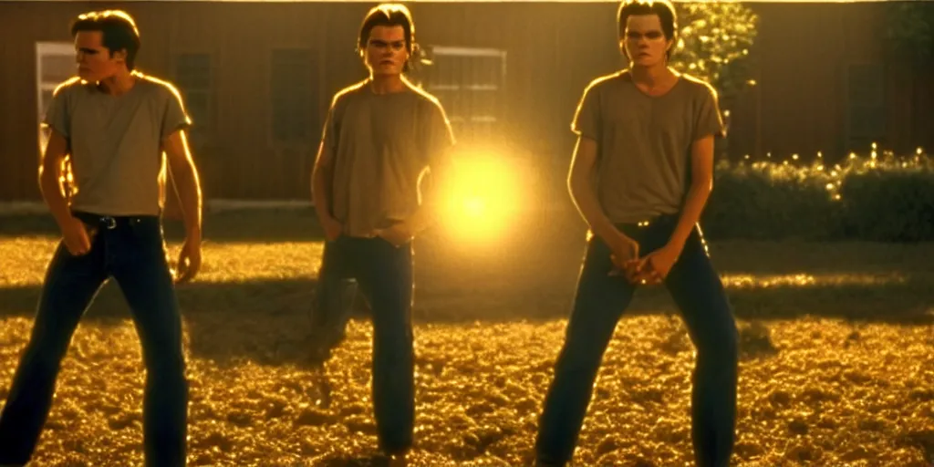 Image similar to the sunset's light beams through a window, tom holand, action pose, outside in a farm, medium close up shot, depth of field, sharp focus, waist up, movie scene, anamorphic, costume art direction style from the movie the outsiders