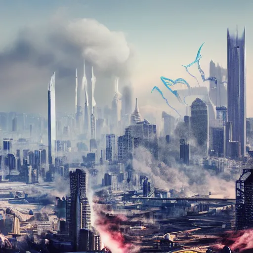 Image similar to muted colorful smoke forms into vague shape reminiscent of dragons racing. distant futuristic cityscape in the background.