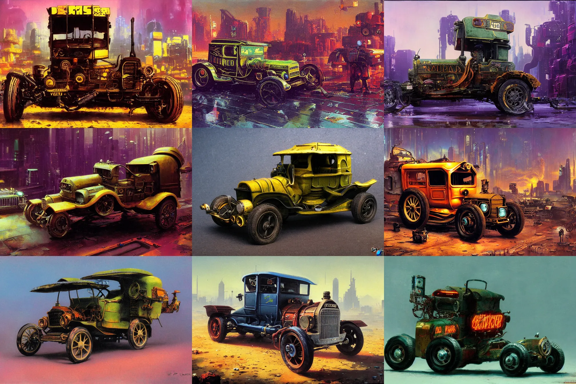 Prompt: cyberpunk 1 9 0 8 model ford t by paul lehr