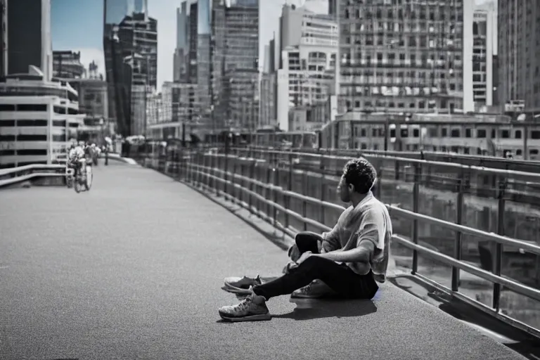 Prompt: A man sitting on a footbridge, city in the background