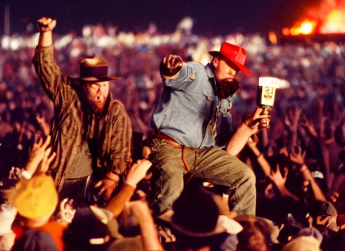 Prompt: photo still of smokey the bear amd fred durst on stage at woodstock 9 9!!!!!!!! at age 3 3 years old 3 3 years of age!!!!!!!! crowd surfing, 8 k, 8 5 mm f 1. 8, studio lighting, rim light, right side key light