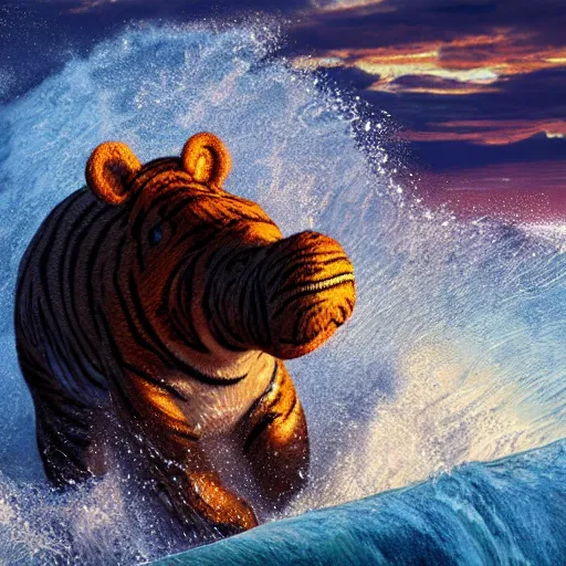 Prompt: a closeup photorealistic photograph of a knitted cute tiger hippopotamus riding an epic wave during sunset. extreme texture. surf in the background. professional capture. brightly lit scene. this 4 k hd image is trending on artstation, featured on behance, well - rendered, extra crisp, features intricate detail, epic composition and the style of unreal engine.