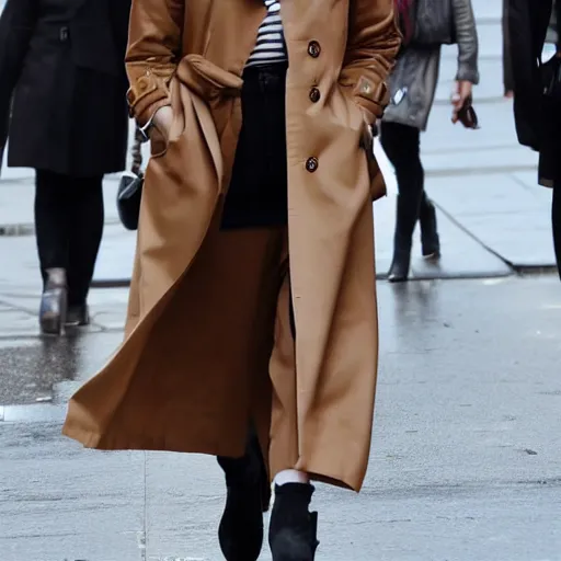 Prompt: 4 k award - winning still of evan rachel wood with long dark brown hair with bangs wearing a trench coat walking in new york city