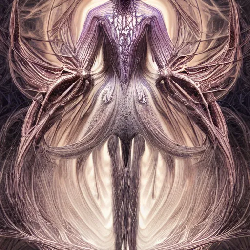 Image similar to Photo of a creature from another universe by ernst haeckel, iris van herpen, james jean, mandy jurgens, artstation, fashion editorial