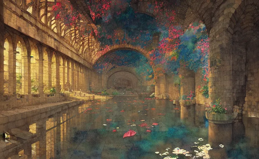 Image similar to tiled room squared waterway, aqueducts, fantasy. intricate, amazing composition, colorful watercolor, by ruan jia, by maxfield parrish, by marc simonetti, by hikari shimoda, by robert hubert, by zhang kechun, illustration, gloomy