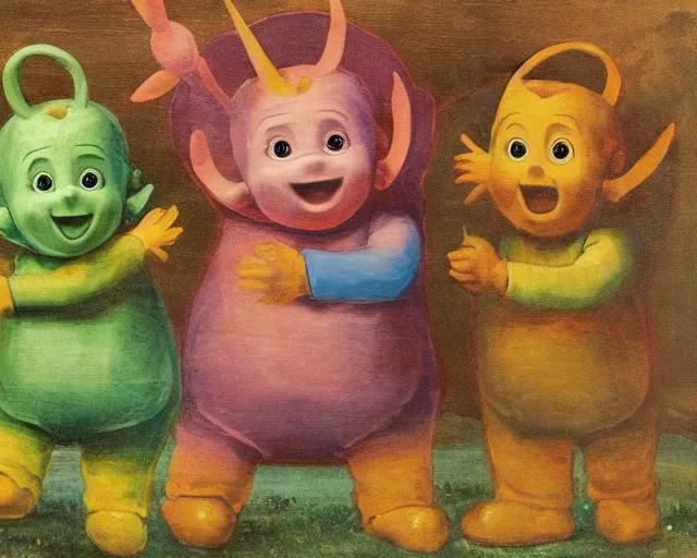 Image similar to a 1 6 0 0 s painting of the teletubbies