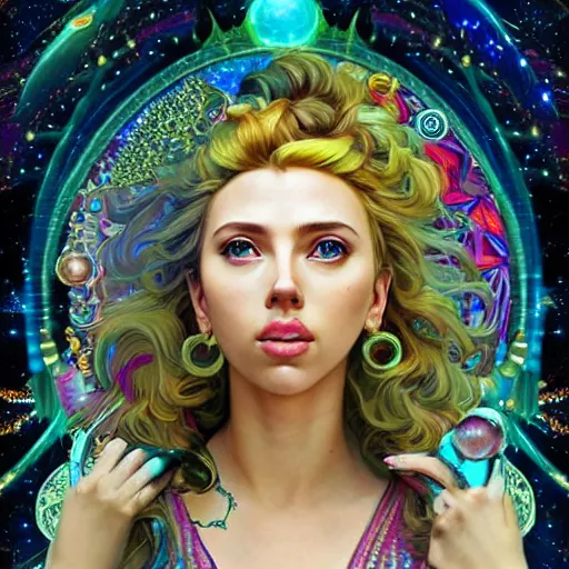 Image similar to psychedelic, intricate, highly detailed, anime, 4k, beautiful Scarlett Johansson as a seductive woman holding a crystal containing the universe, with professional makeup, long trippy hair, surrounded by gems, underneath the stars, trending on patreon, deviantart, twitter, artstation, volumetric lighting, heavy contrast, by artgerm and Ilya Kuvshinov and alphonse mucha