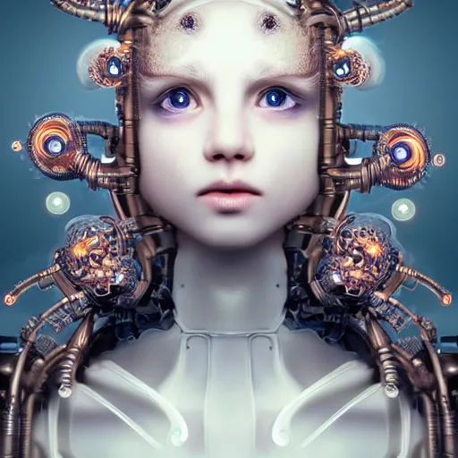 Prompt: stunning hyperdetailed upclose symmetrical portrait of 1 8 year old caucasian cyborg girl with translucent porcelain skin, lush thick hair, big electric eyes, ultra detailed ornate neon wire lacing, ultra detailed steampunk cyborg implants, complex white nano mechanical flowers, micro detail, by satoshi kon, sharp focus, trending on artstation hq, deviantart, pinterest, 8 k