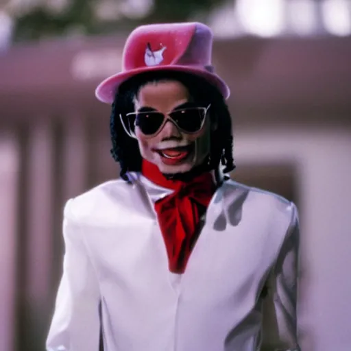 Image similar to a 1980s film still of Michael Jackson dressed as Snoop Dogg, 40mm lens, shallow depth of field, split lighting