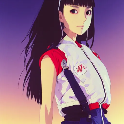 Image similar to a beautiful japanese natalie portman gravure model, wearing oversized native designer bomber jacket and leotard with overalls, bulky poofy bomber jacket with mesoamerican patterns, mesoamerican native street fashion, gapmoe yandere grimdark, trending on pixiv fanbox, painted by greg rutkowski makoto shinkai takashi takeuchi studio ghibli, akihiko yoshida