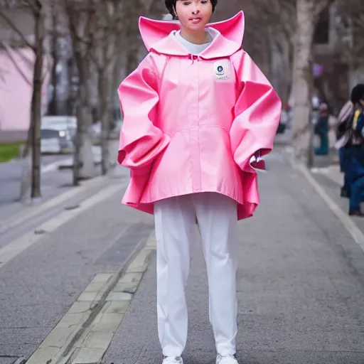 Prompt: card captor sakura cosplayer wearing a pink anorak designed by balenciaga