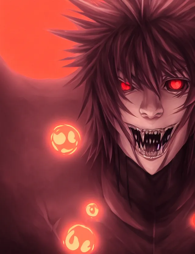 Image similar to a detailed manga portrait of a shadowy dark cute demon boy with long crimson hair and glowing orange eyes and fangs, lurking in the shadows, trending on artstation, digital art, 4 k resolution, detailed, high quality, sharp focus, hq artwork, coherent, insane detail, character portrait