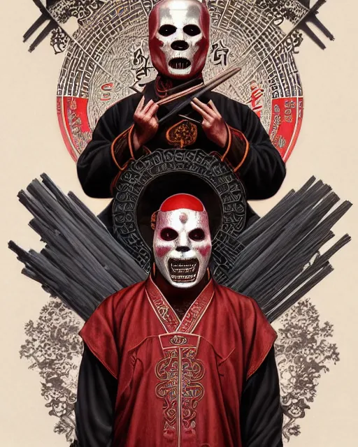 Image similar to portrait of slipknot band, upper half portrait, decorated with chinese opera motifs, asian, bian lian, traditional chinese art, intricate, elegant, highly detailed, symmetry, digital painting, artstation, concept art, smooth, sharp focus, illustration, art by artgerm and greg rutkowski and alphonse mucha, 8 k