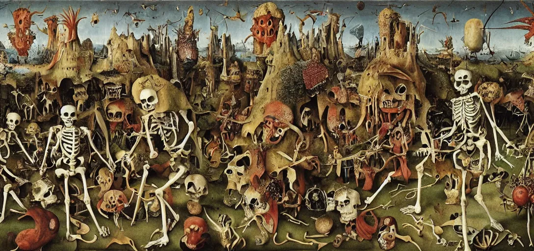 Image similar to Skeletons walking through the garden of earthly delights, hyper-surrealism, highly detailed and intricate matte painting by Max Ernst, Hieronymus Bosch and Giuseppe Arcimboldo
